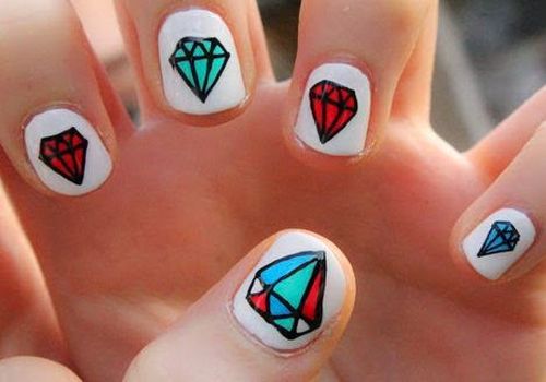 Blue And Red Diamond Nails