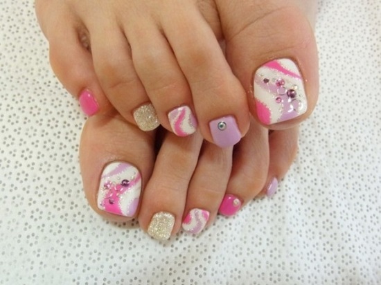 Pink Ringed Toe Nail Design