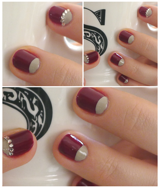 Red And Stones Half Moon Nails