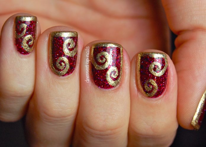 Cackle Red and Gold Nail Design