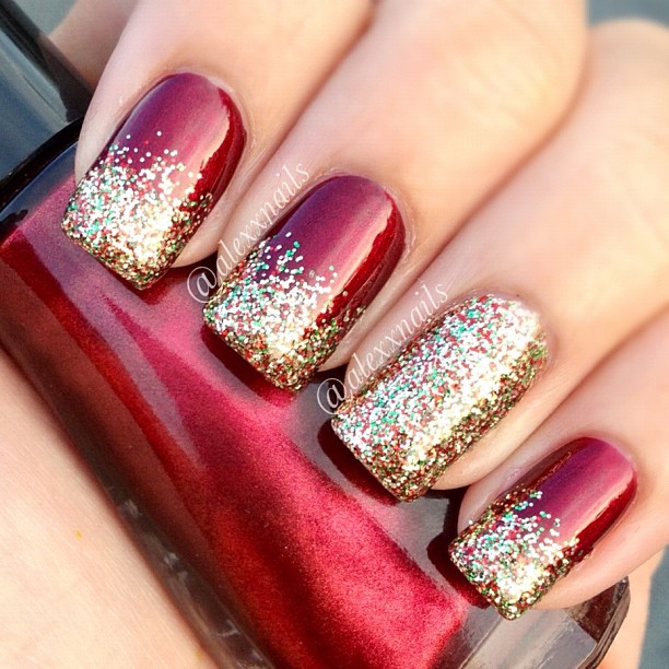 Dazzling Gold Glitters in Red Nails