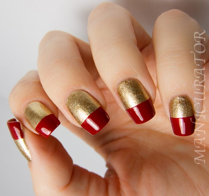 Half Gold and Red Nail Design