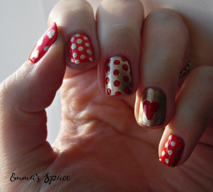 Red and Gold Polka Dots with Heart Shape Nails