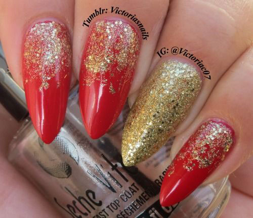 Red and Gold in Stiletto Nail