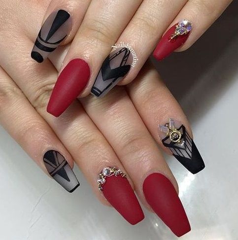 Fierce Black and Red Matte Nails