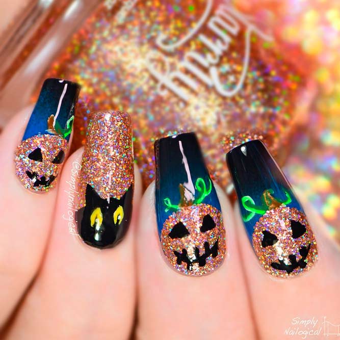 Halloween Pumpkin and Black Cat Nail Design