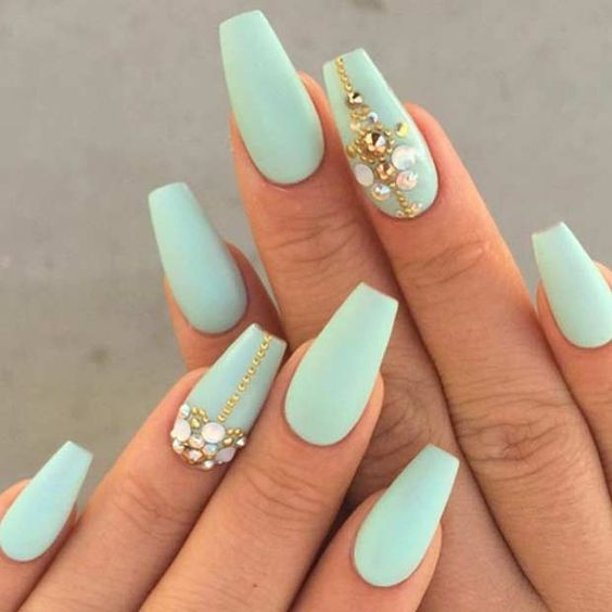 Mint Green Coffin Nails with Gold Details