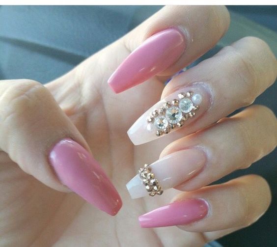 Pink Coffin Nails with Rhinestones