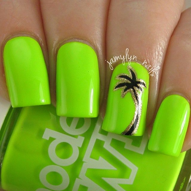 Neon Green Tropical Nails With Gold and Black Palm Tree