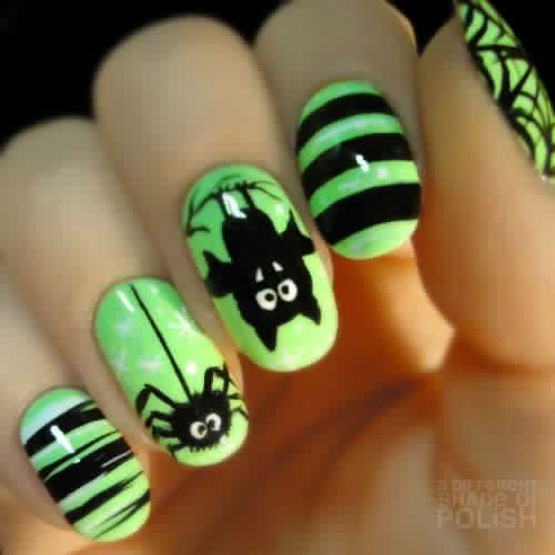 Neon Green with Black Bat Spider and Stripped Nail Design