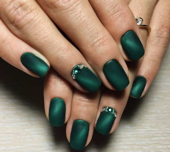 Dark Green Gradient Nails With Jewels