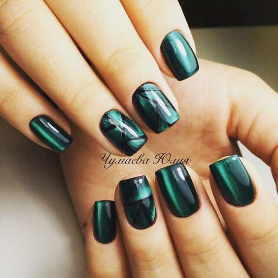 Glossy Green Nails With Geometric Patterns